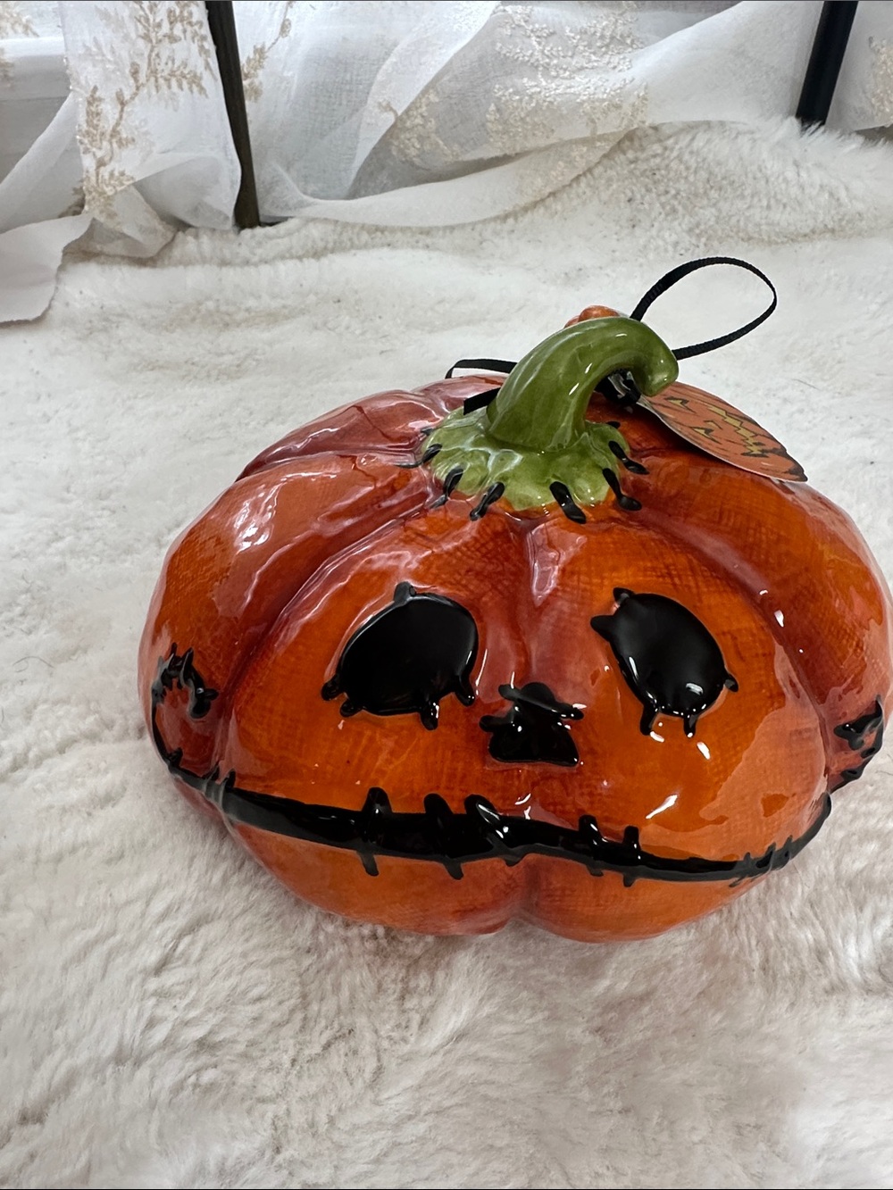 Blue sky Clayworks stitched pumpkin figurine